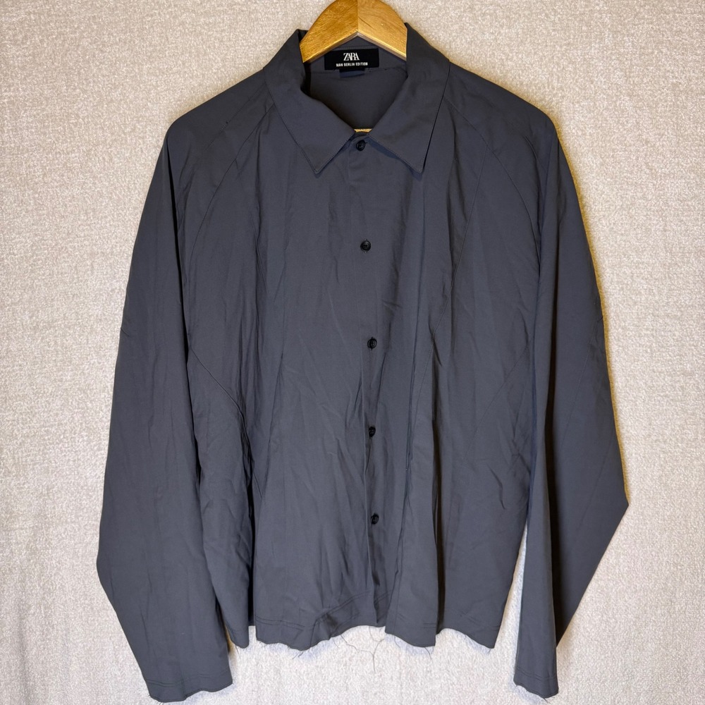 ZARA Man Berlin Edition Men's M Gray Button Down Shirt Raw Hem Deconstructed
